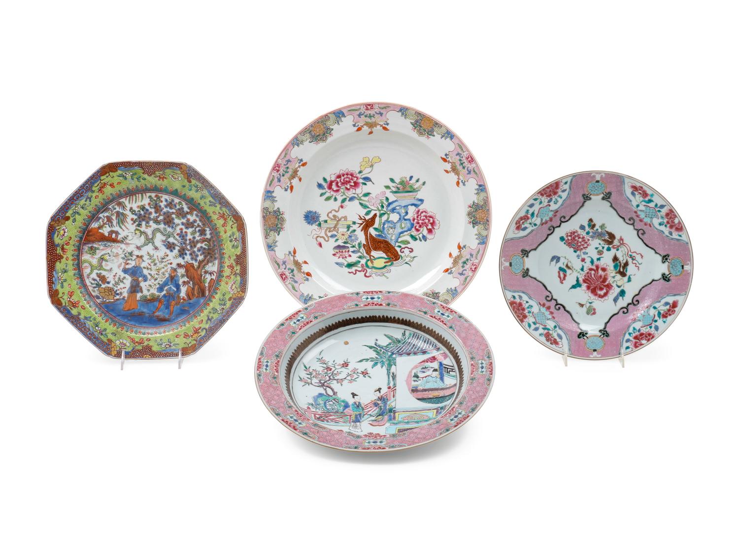 Four Chinese Export Famille Rose Porcelain Chargers