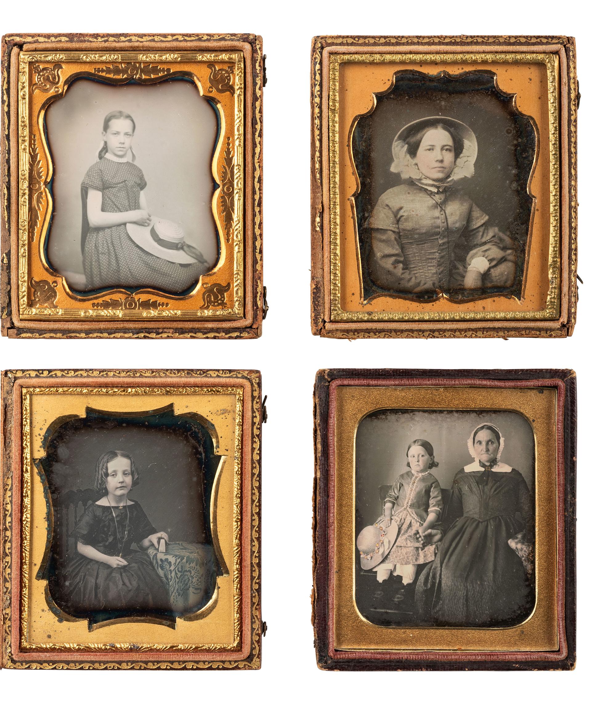 [EARLY PHOTOGRAPHY]. 7 daguerreotype portraits featuring female subjects with hats, fans, and parasols.