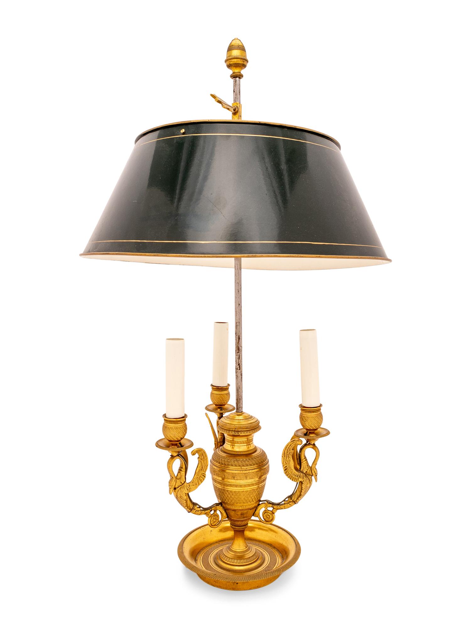 An Empire Style Gilt Metal Bouillotte Lamp with Tole Shade