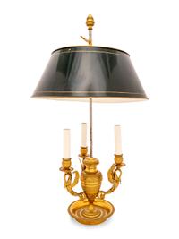 An Empire Style Gilt Metal Bouillotte Lamp with Tole Shade