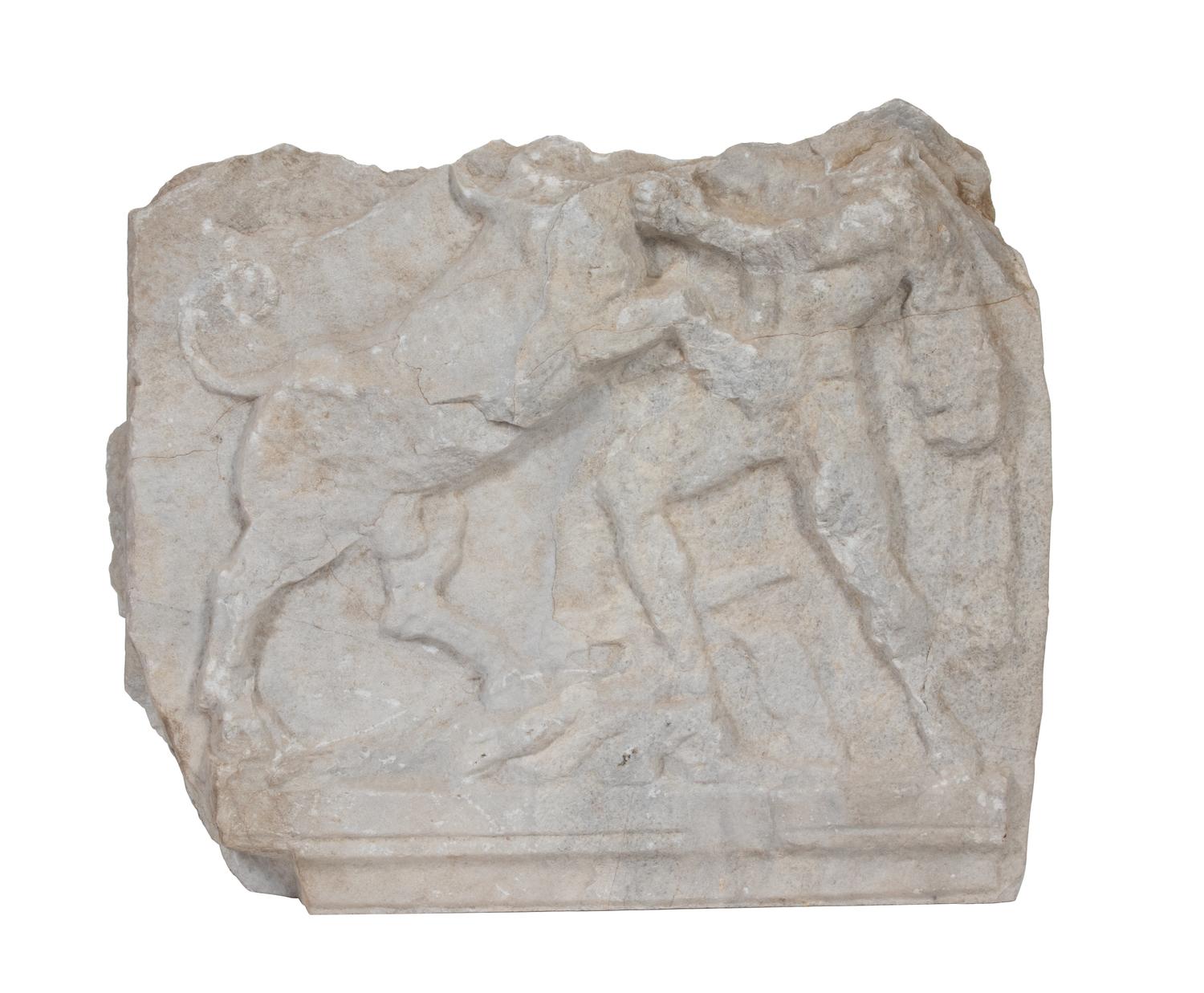 A Roman Marble Relief Depicting Heracles with the Cretan Bull Height 19 1/2 x width 22 x depth 5 inches. — CIRCA 1ST-2ND CENTURY C.E.