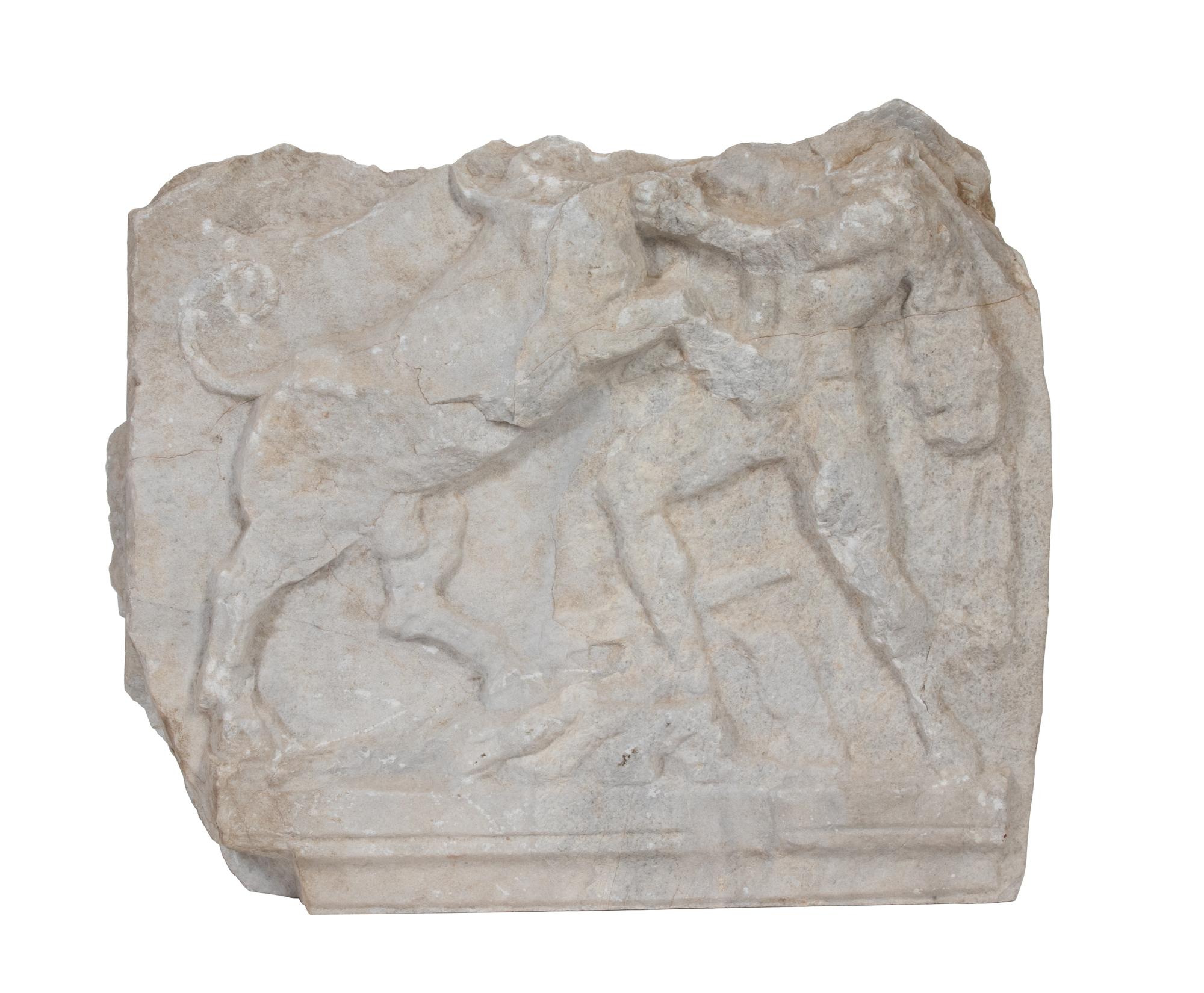 A Roman Marble Relief Depicting Heracles with the Cretan Bull Height 19 1/2 x width 22 x depth 5 inches. — CIRCA 1ST-2ND CENTURY C.E.