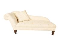 An Empire Style Button Tufted Ivory Cotton Damask Chaise Longue — 20th Century