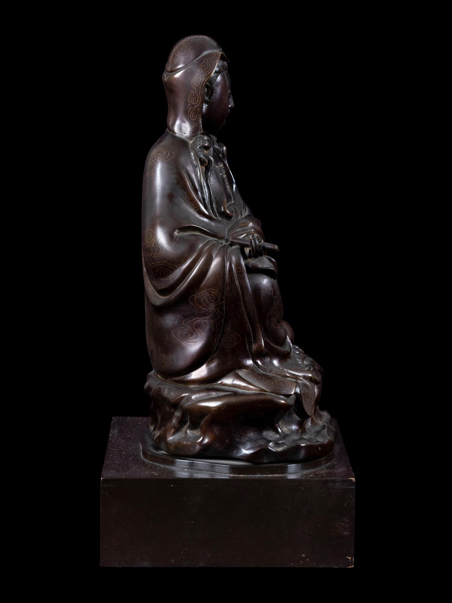A Silver Inlaid Bronze Figure of Guanyin