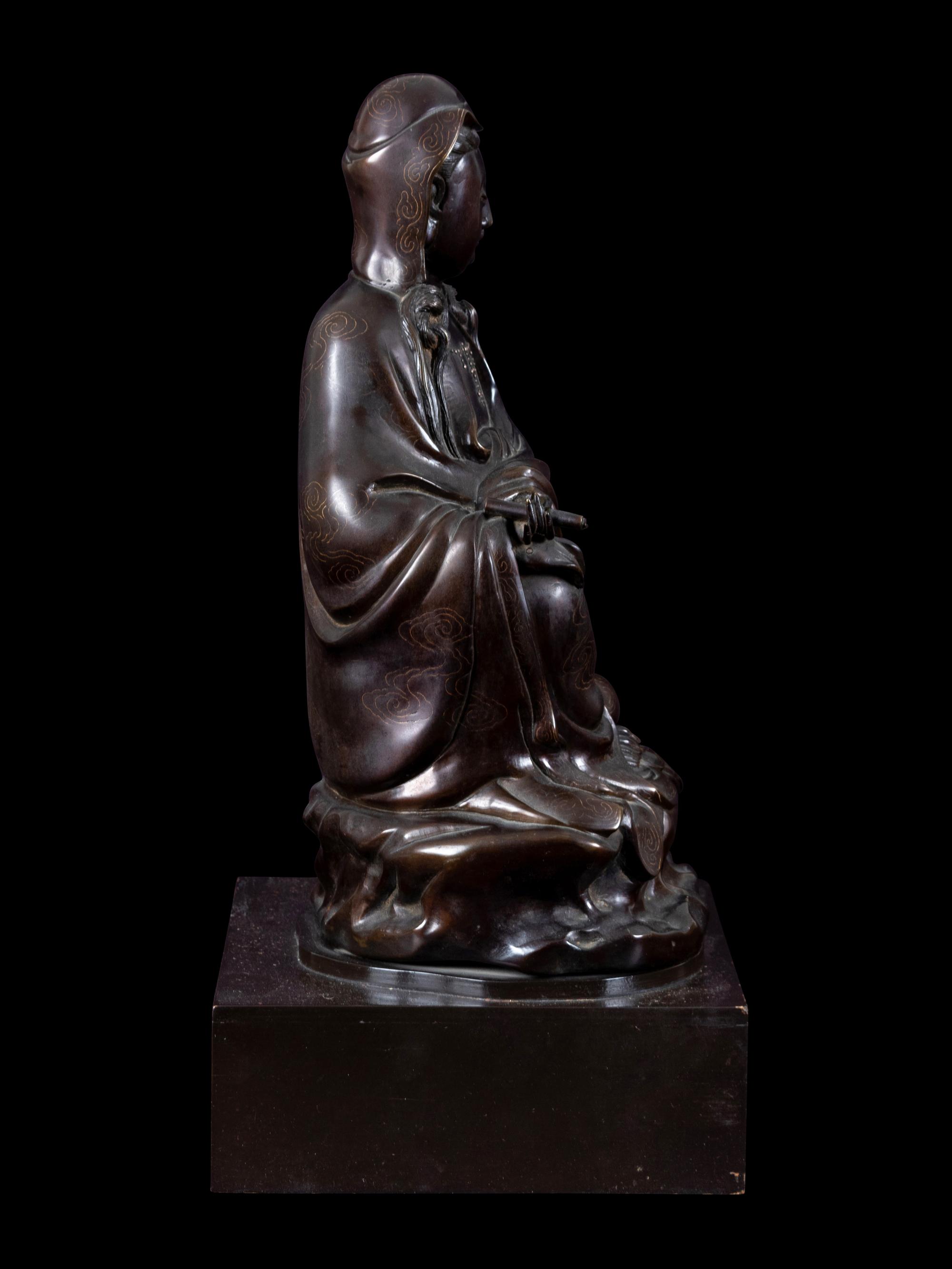 A Silver Inlaid Bronze Figure of Guanyin