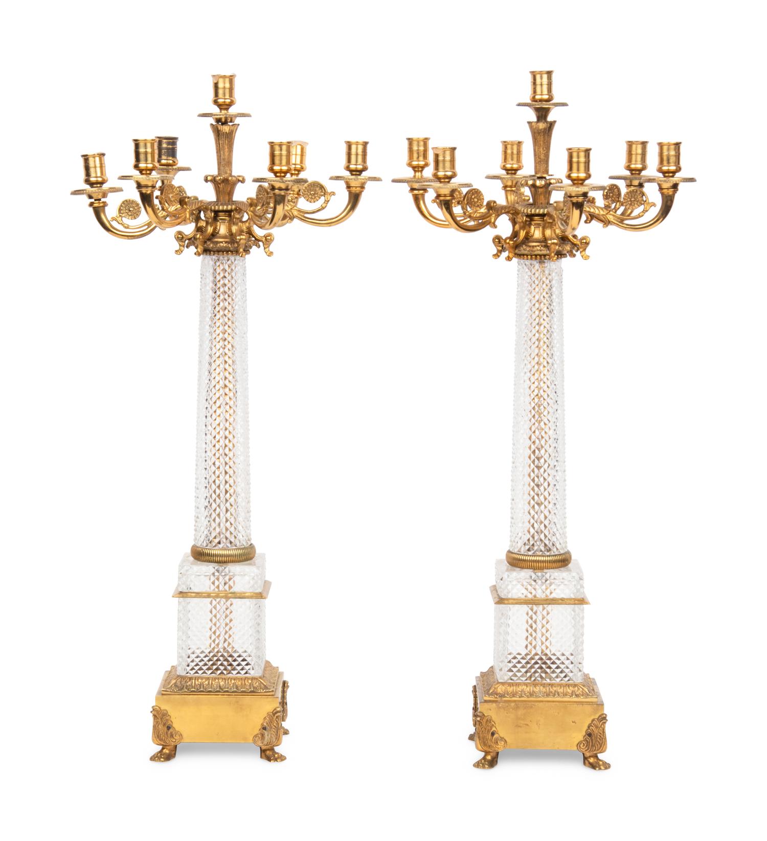 A Pair of Louis-Philippe Style Gilt Metal Mounted Cut Glass Seven-Light Candelabra