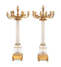 A Pair of Louis-Philippe Style Gilt Metal Mounted Cut Glass Seven-Light Candelabra