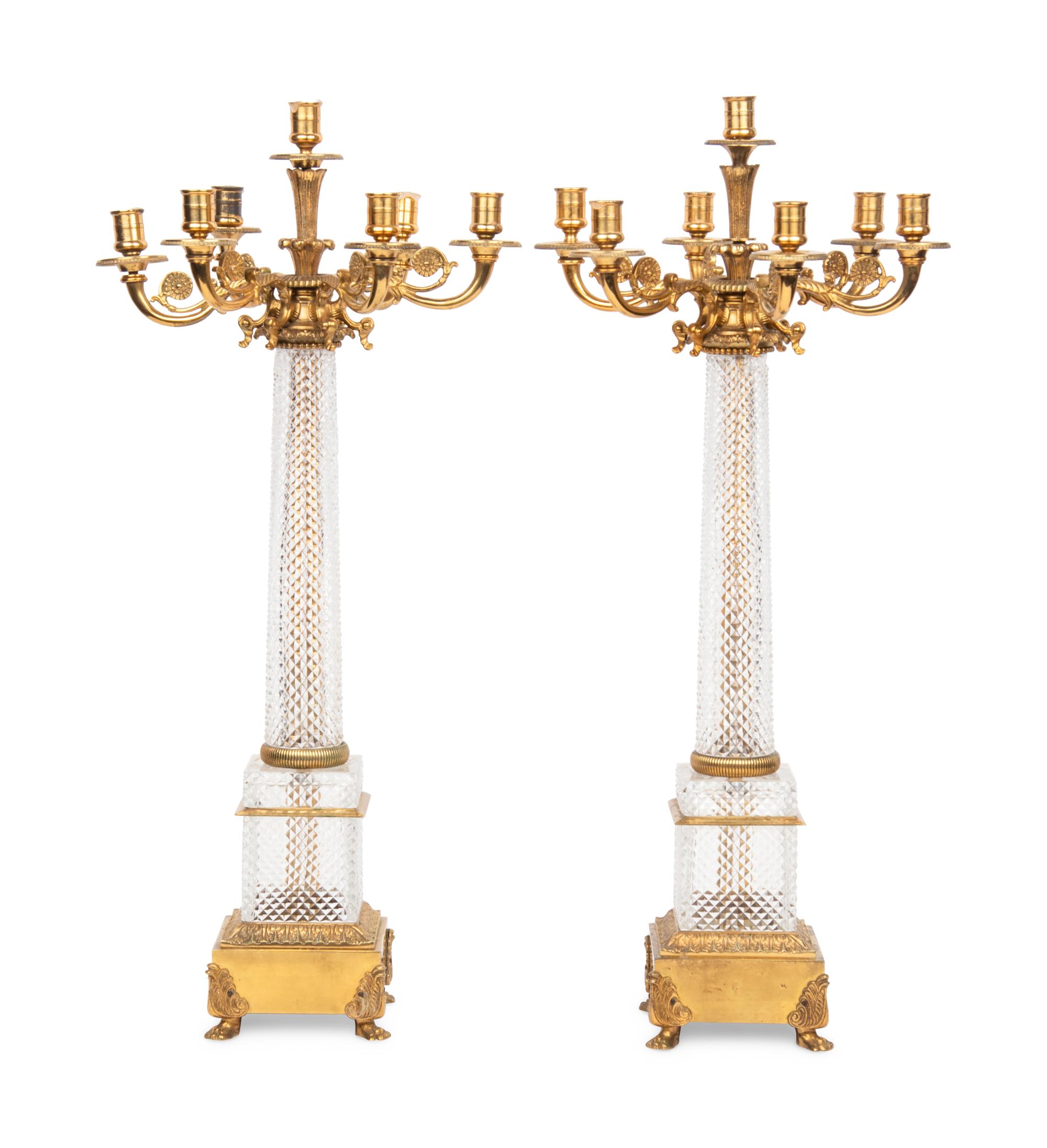 A Pair of Louis-Philippe Style Gilt Metal Mounted Cut Glass Seven-Light Candelabra