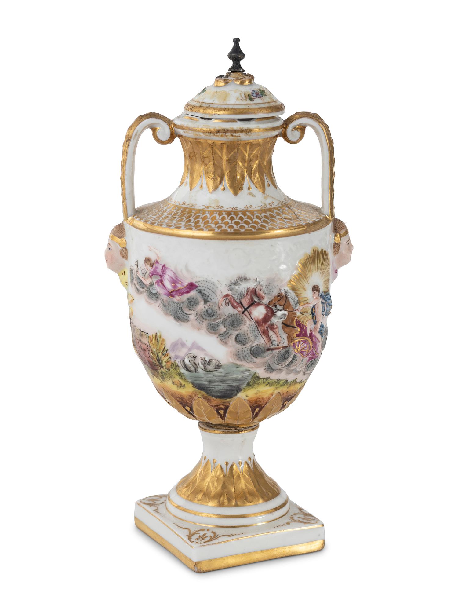 A Capodimonte Painted and Parcel-Gilt Porcelain Covered Urn