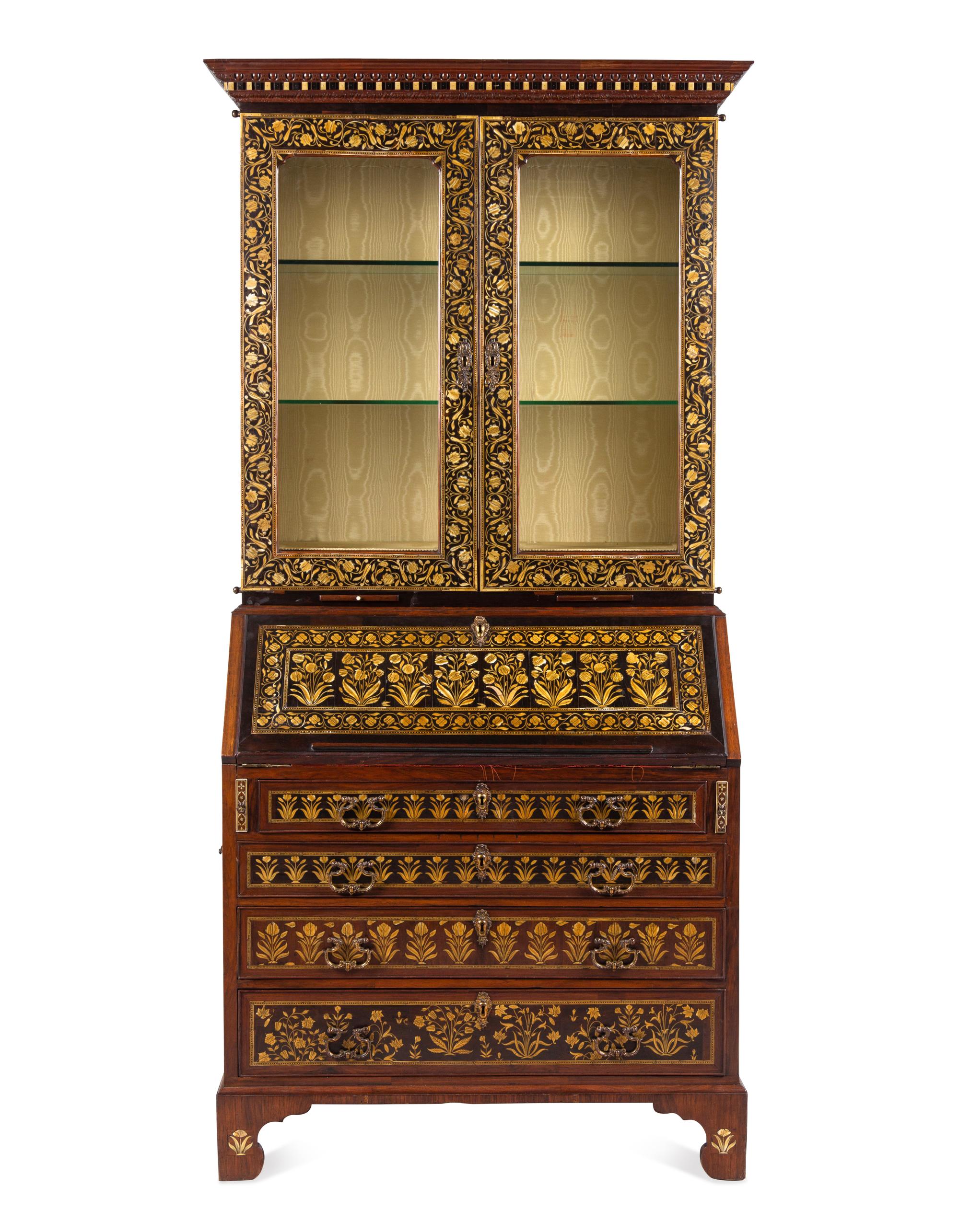 An Anglo-Indian Ivory-Inlaid Indian Rosewood Secretary Bookcase