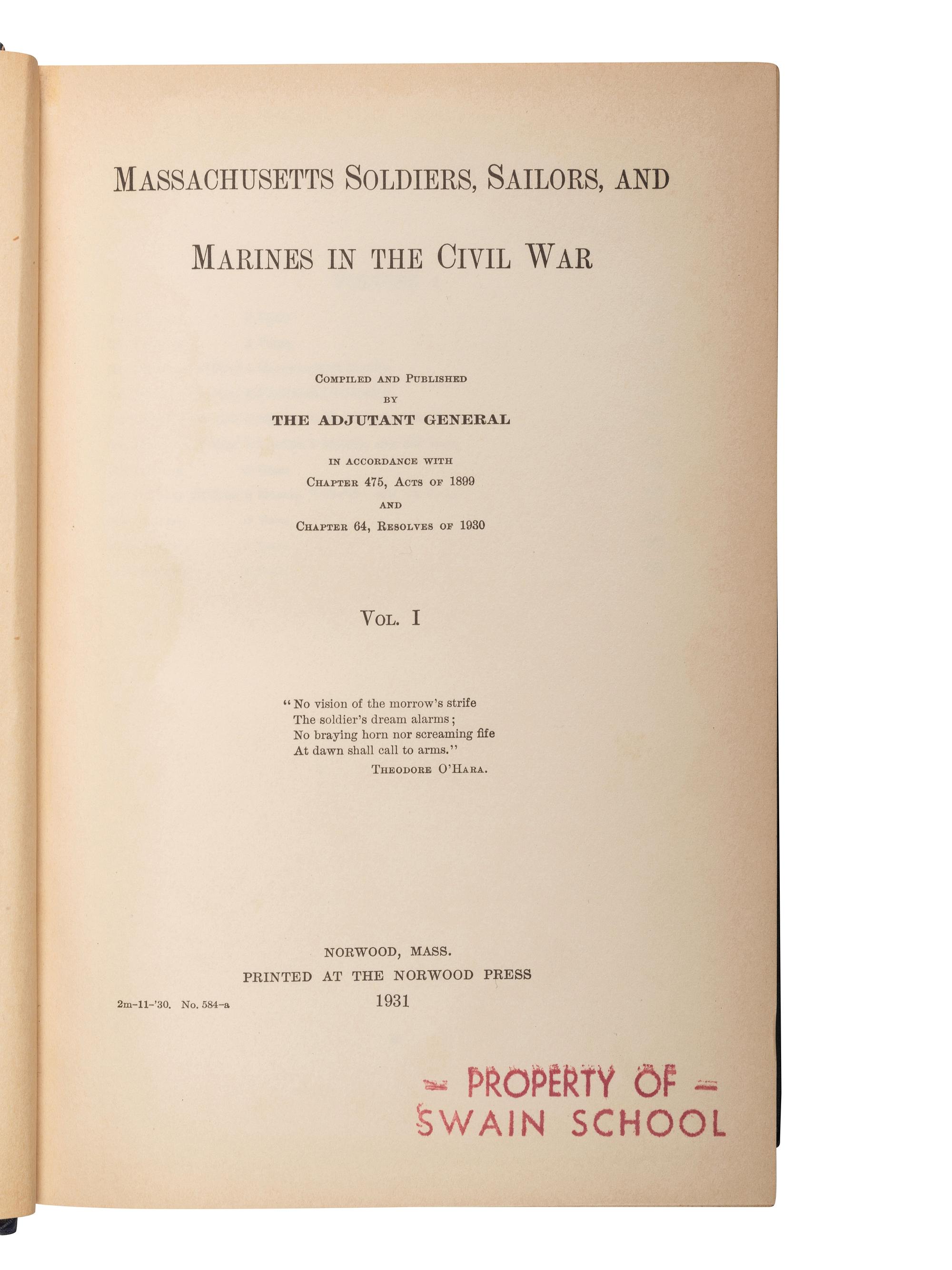 [CIVIL WAR - MASSACHUSETTS]. A group of regimental histories and adjutant general reports, comprising: