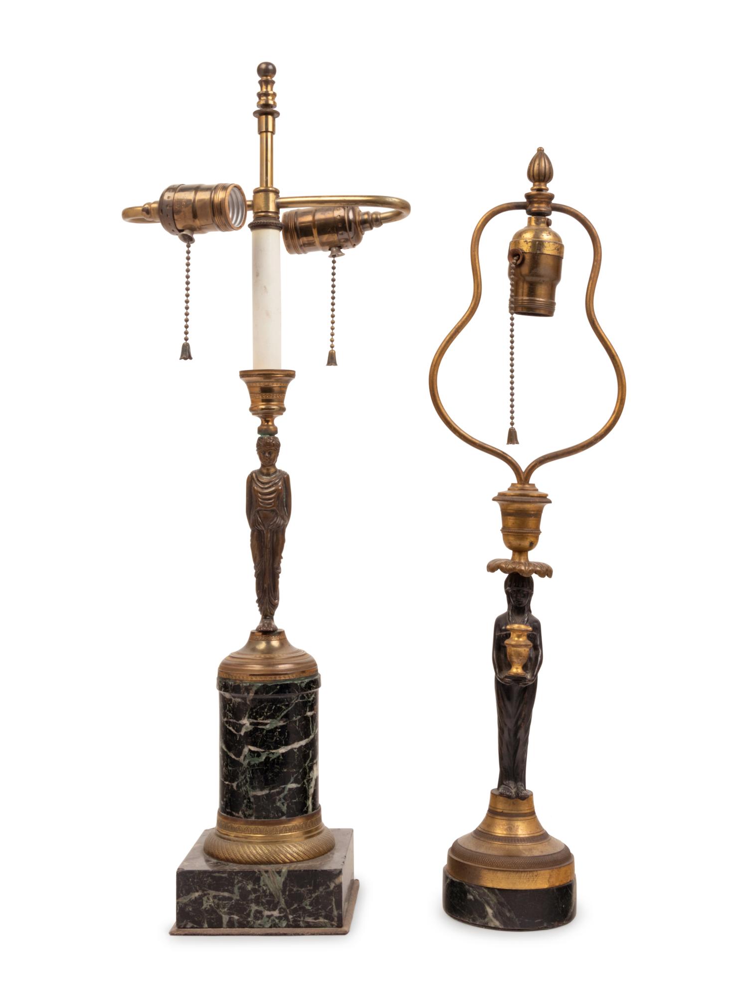 Two Neoclassical Style Cast Bronze and Marble Figural Table Lamps