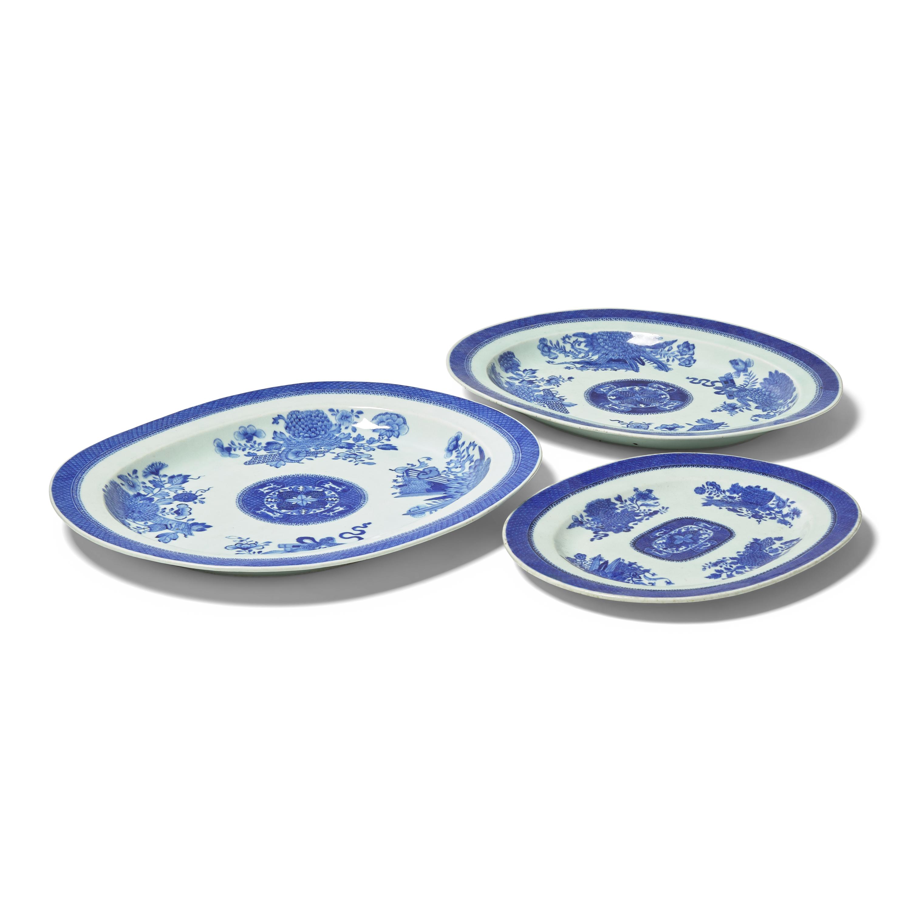 A Group of Three Chinese Export Porcelain Blue Fitzhugh Platters