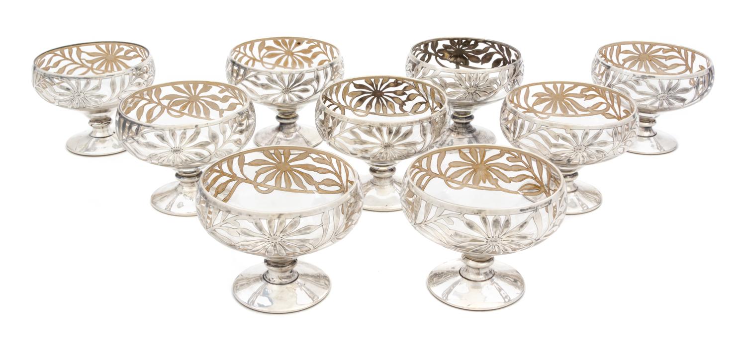 Nine Silver Overlay Glass Coupes Height 2 1/2 inches.