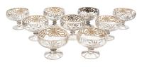 Nine Silver Overlay Glass Coupes Height 2 1/2 inches.