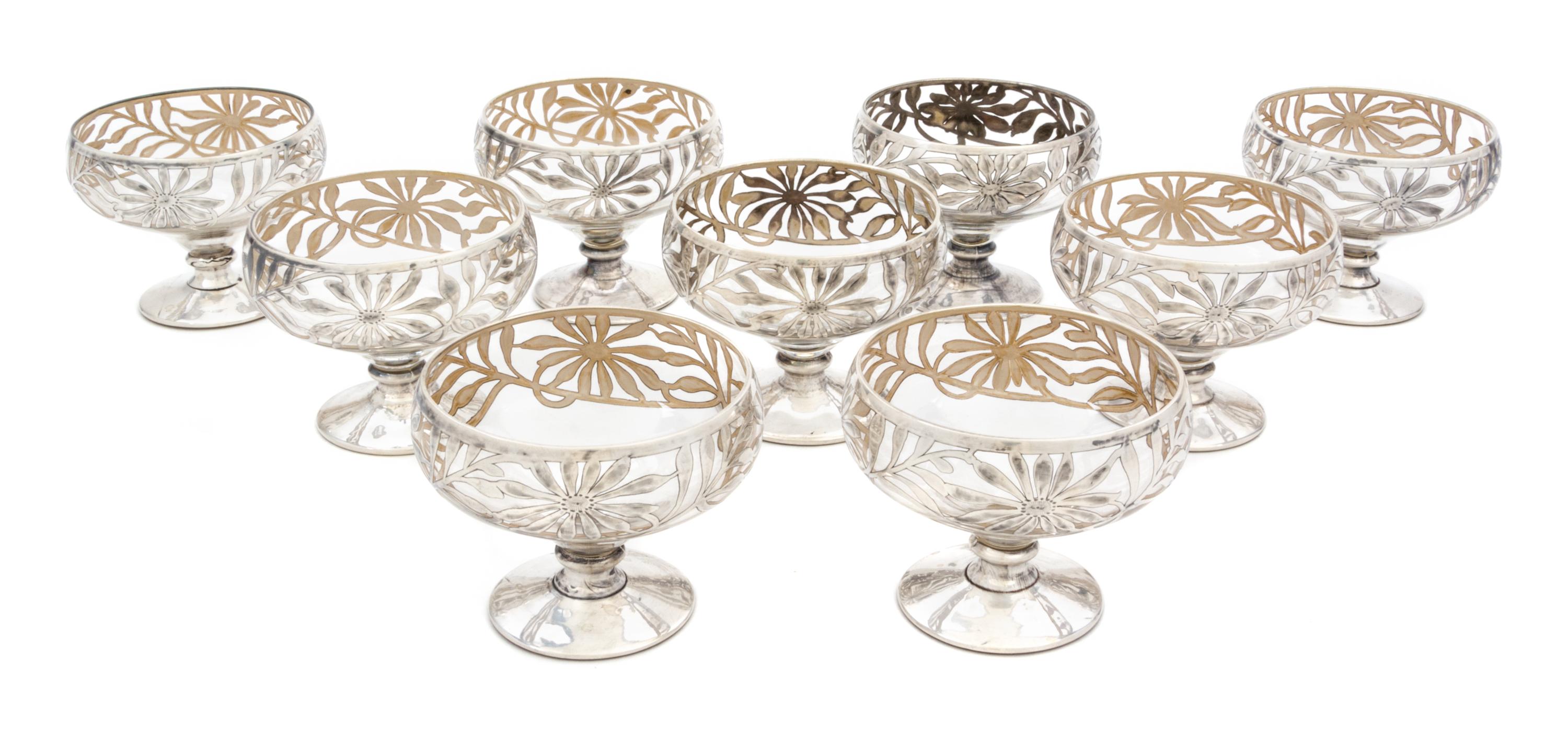 Nine Silver Overlay Glass Coupes Height 2 1/2 inches.