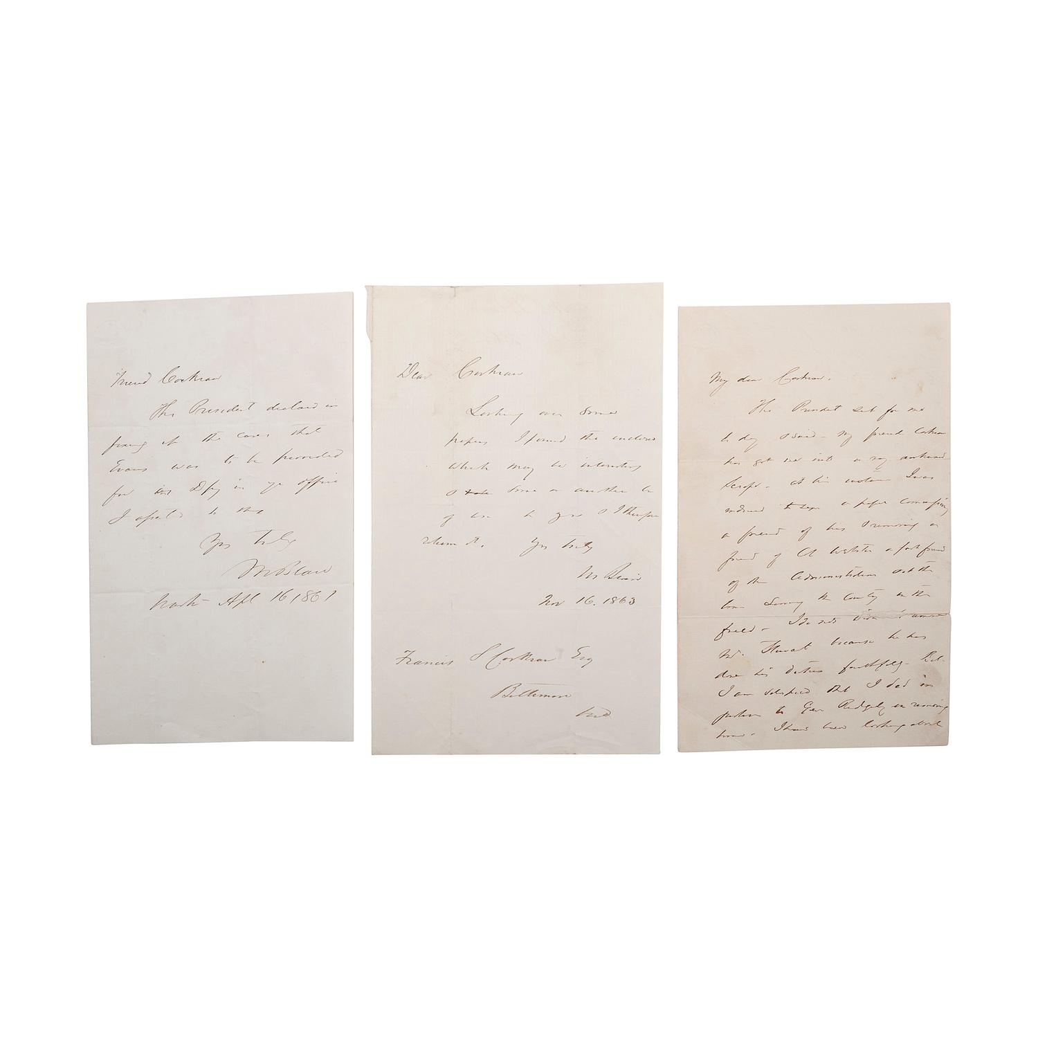 BLAIR, Montgomery (1813-1883) and CORKRAN, Francis S. (1816-1886). A group of 7 documents related to Montgomery Blair, Francis Corkran, and political patronage during the Lincoln Administration, comprising: