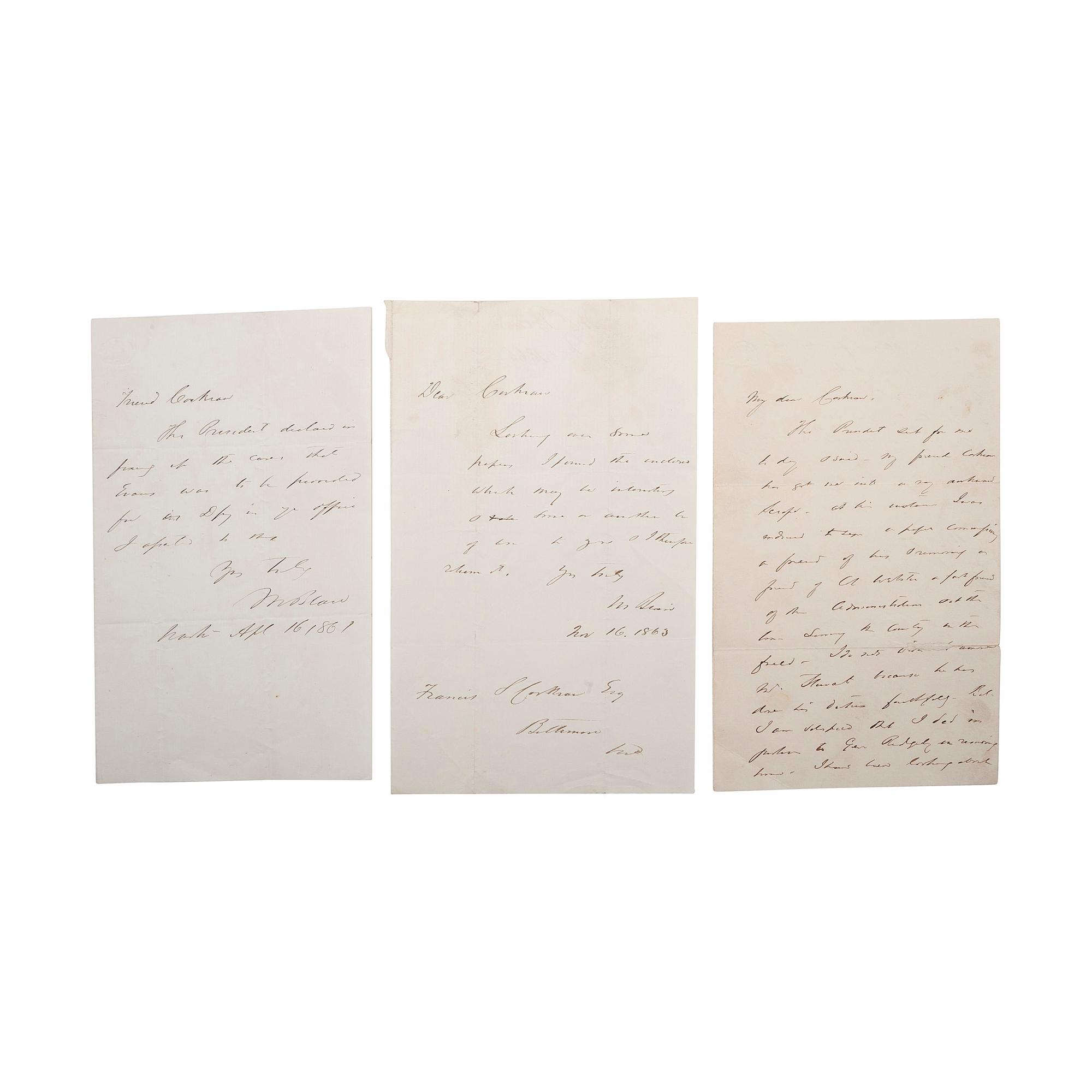 BLAIR, Montgomery (1813-1883) and CORKRAN, Francis S. (1816-1886). A group of 7 documents related to Montgomery Blair, Francis Corkran, and political patronage during the Lincoln Administration, comprising:
