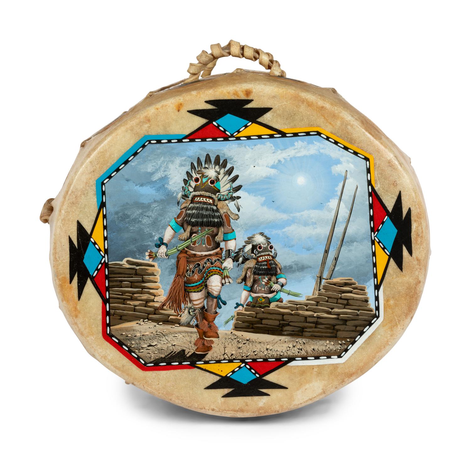 Painted Wood Drum, Crow Mother and Whipper Katsinas