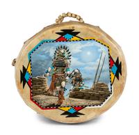 Painted Wood Drum, Crow Mother and Whipper Katsinas