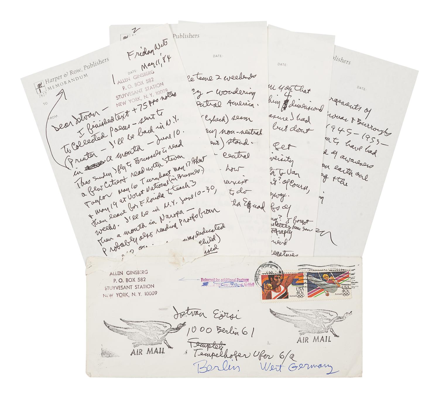 GINSBERG, Allen (1926-1997). Autograph letter signed ("Allan"), to István Eörsi. New York, New York, 11 May 1984. 4 pages, 8vo, 215 x 138 mm, on Harper & Row, Publishers Memorandum paper, Ginsberg's return address stamped on the first page, with original envelope .