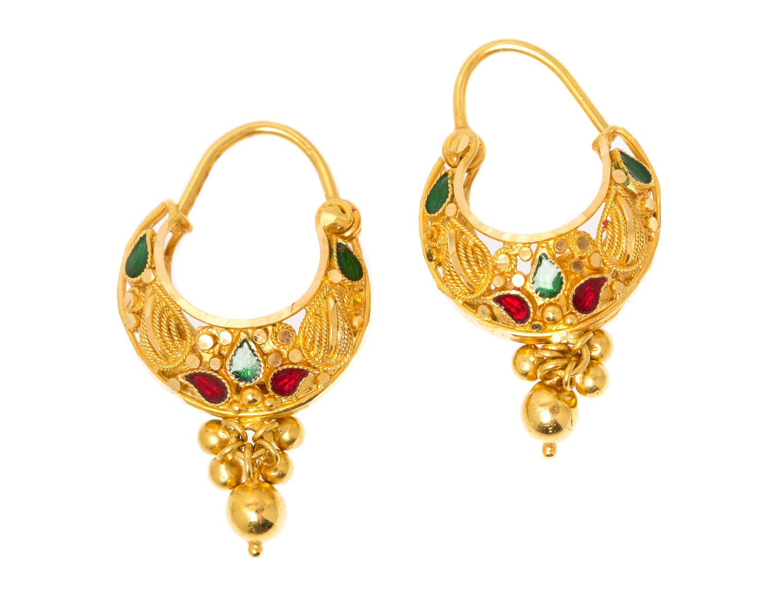 A Pair of Yellow Gold and Polychrome Enamel Hoop Earrings, 5.90 dwts.