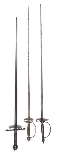 Three Continental Rapiers Length of longest 38 3/4 inches.