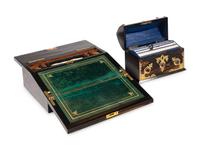 An English Brass and Agate-Mounted Letter Box and a Bisque Plaque-Mounted Calamander Writing Box