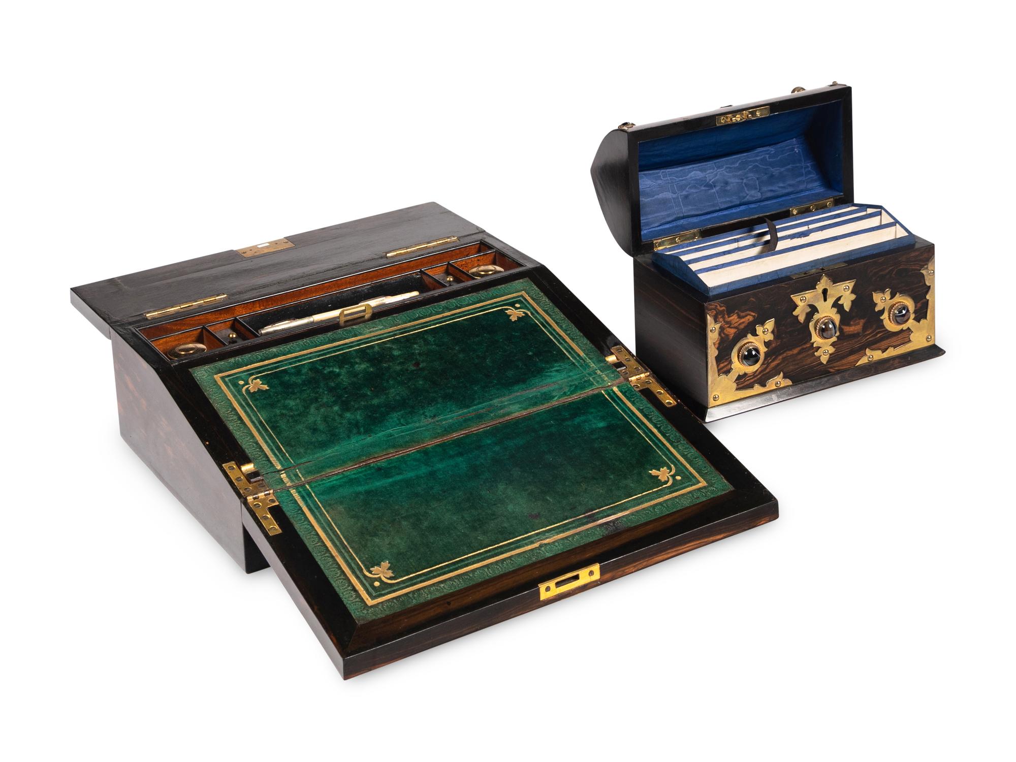 An English Brass and Agate-Mounted Letter Box and a Bisque Plaque-Mounted Calamander Writing Box