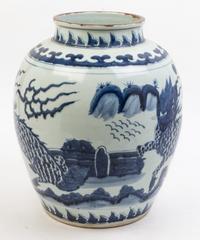 Three Large Blue and White Porcelain Jars Height of first 16 3/4 inches.