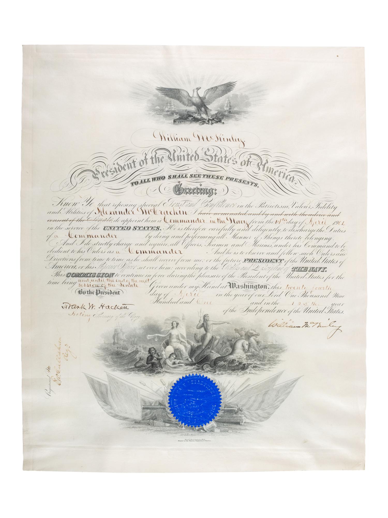 McKINLEY, William (1843-1901). Document signed ("William McKinley"), as President. Washington, D.C. 24 April 1901.