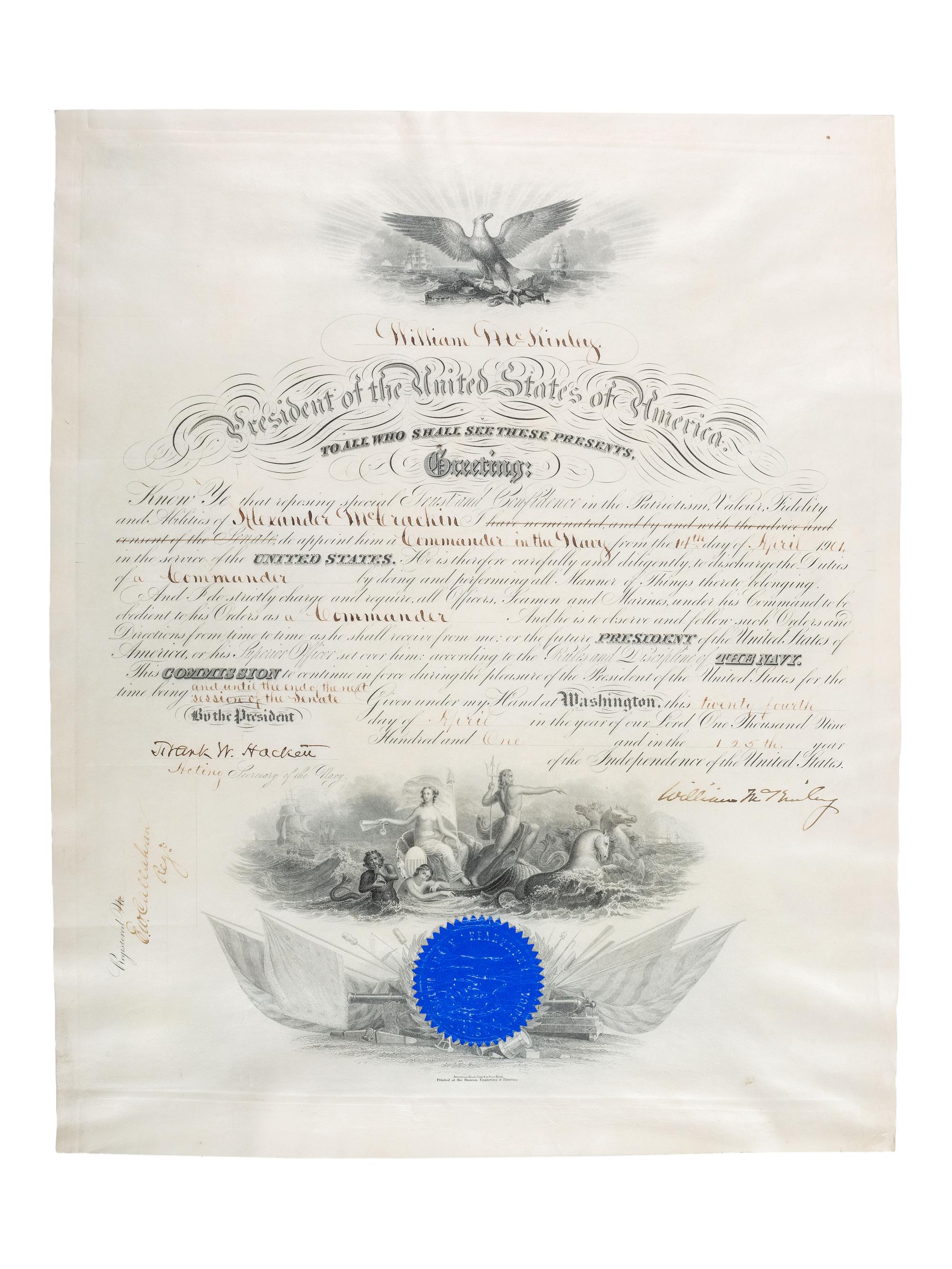 McKINLEY, William (1843-1901). Document signed ("William McKinley"), as President. Washington, D.C. 24 April 1901.