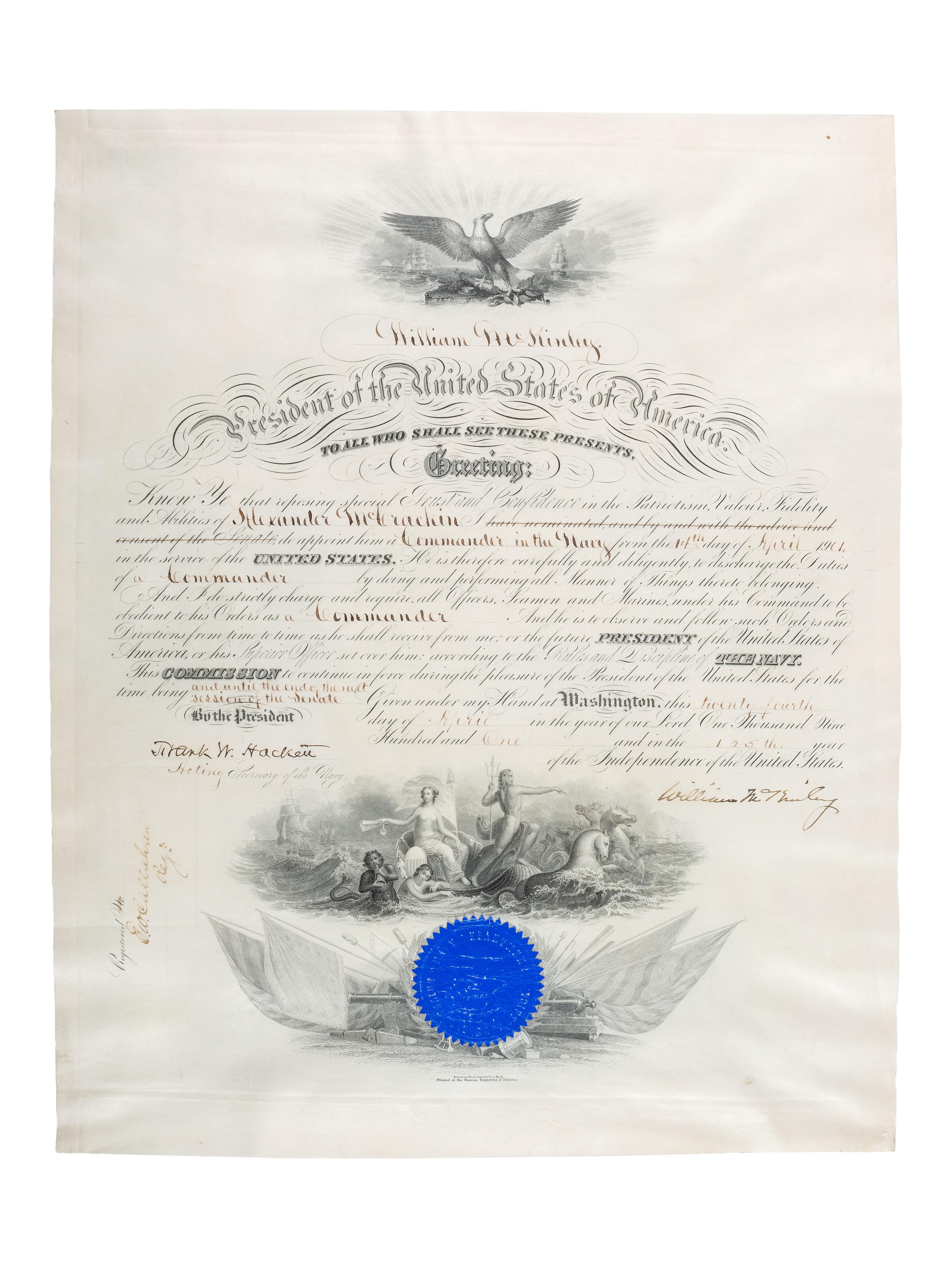 McKINLEY, William (1843-1901). Document signed ("William McKinley"), as President. Washington, D.C. 24 April 1901.