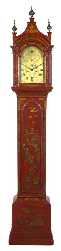 A George III Chinoiserie Red Lacquered Long Case Clock, 18TH CENTURY, JOHN FLADGATE, LONDON, Height 89 x width 14 1/4 x depth 9 inches. — 18TH CENTURY, JOHN FLADGATE, LONDON,