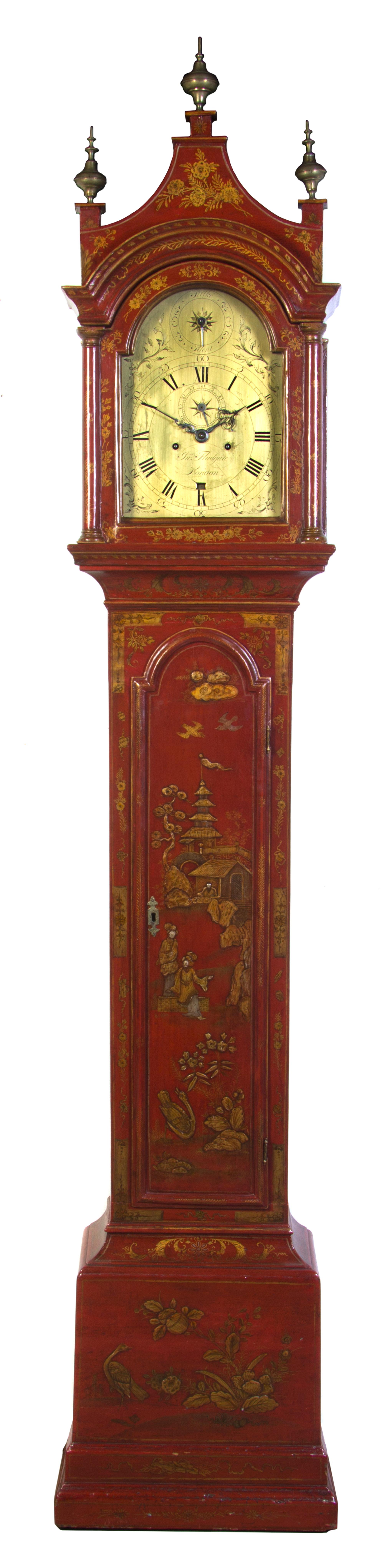A George III Chinoiserie Red Lacquered Long Case Clock, 18TH CENTURY, JOHN FLADGATE, LONDON, Height 89 x width 14 1/4 x depth 9 inches. — 18TH CENTURY, JOHN FLADGATE, LONDON,