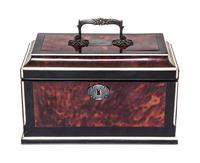A George III Silver and Tortoise Shell Mounted Ebony Tea Caddy, Silver Liners Marked for Thomas Daniel, London, 1788, the hinged lid wi