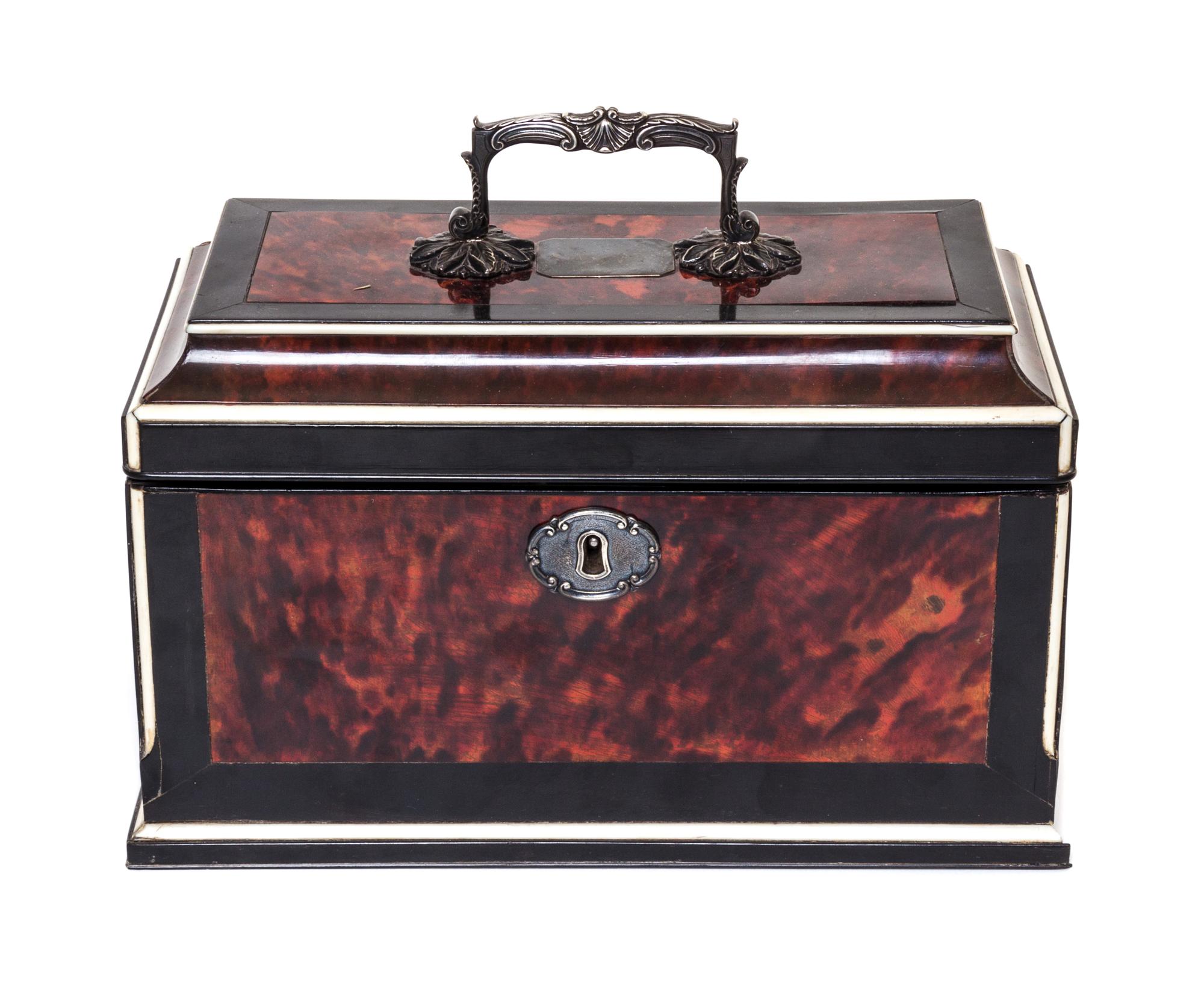 A George III Silver and Tortoise Shell Mounted Ebony Tea Caddy, Silver Liners Marked for Thomas Daniel, London, 1788, the hinged lid wi