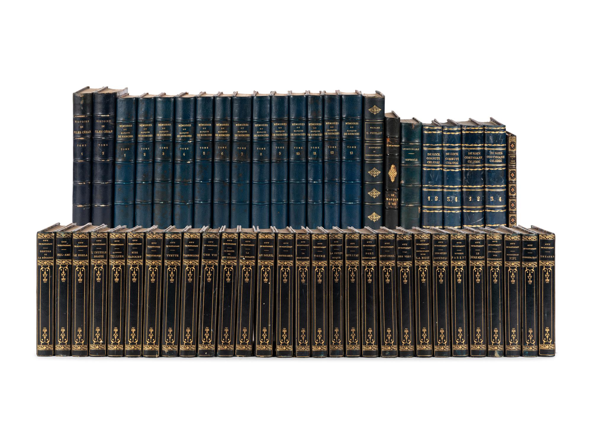 [FINE BINDINGS]. A group of 52 volumes in fine full, half, or quarter leather bindings, including works relating to history or literature in French or Italian.