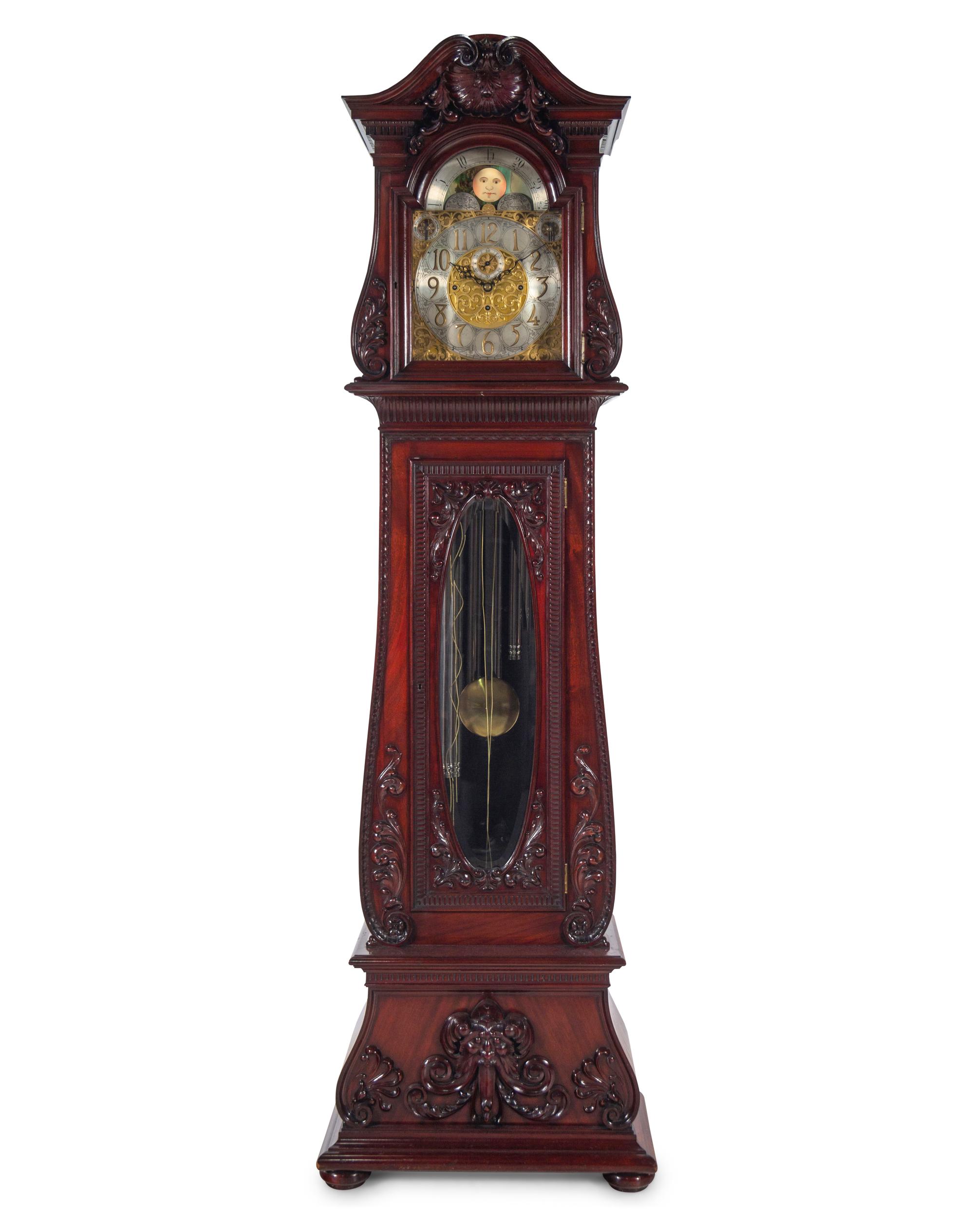 A Herschede Carved Mahogany Nine-Tube Tall Case Clock