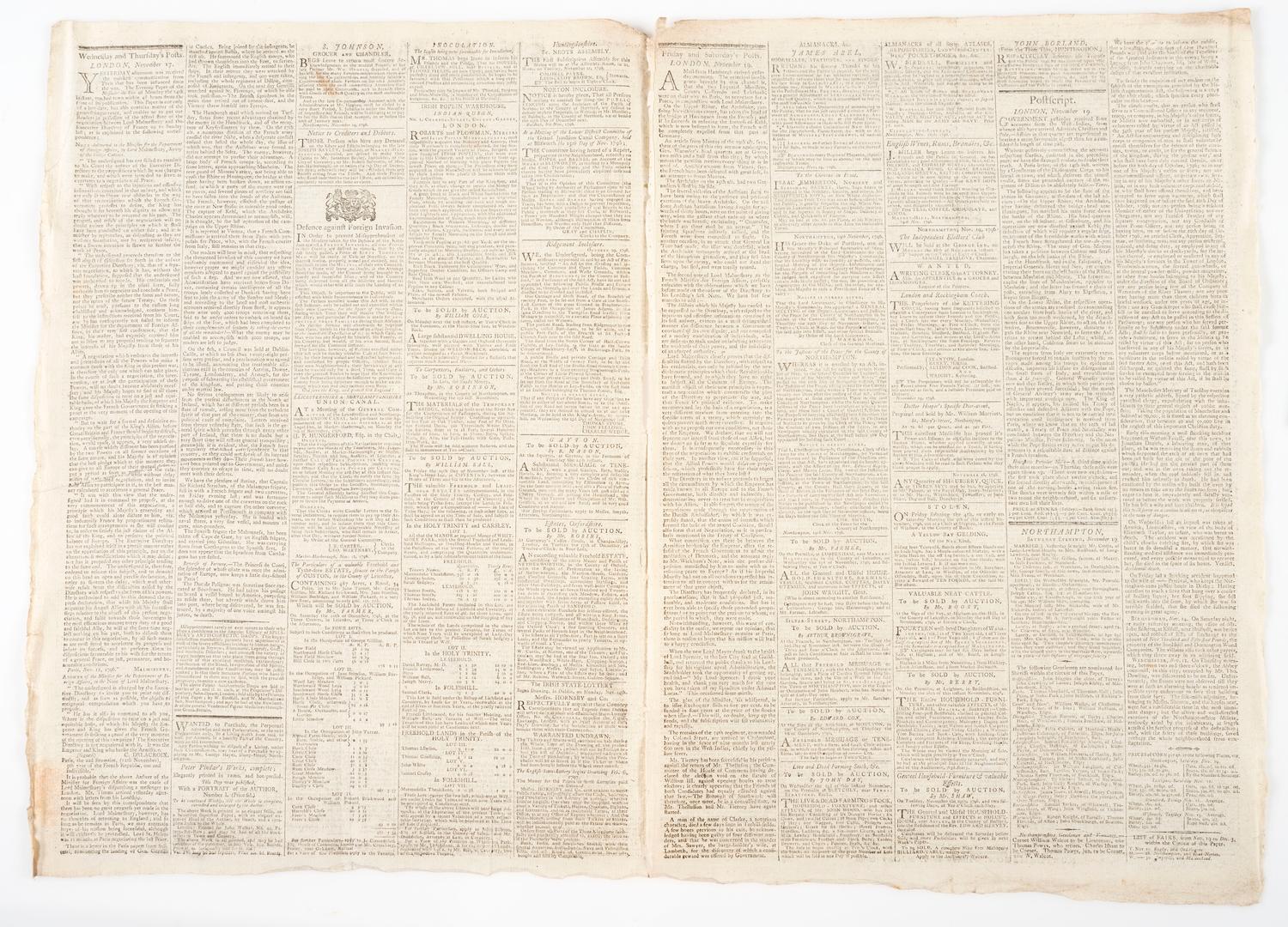 [WASHINGTON, George (1732-1799)]. The Northampton Mercury . Vol. LXXVII, No. 38. Northampton: T. Dicey & Co, 19 November 1796.