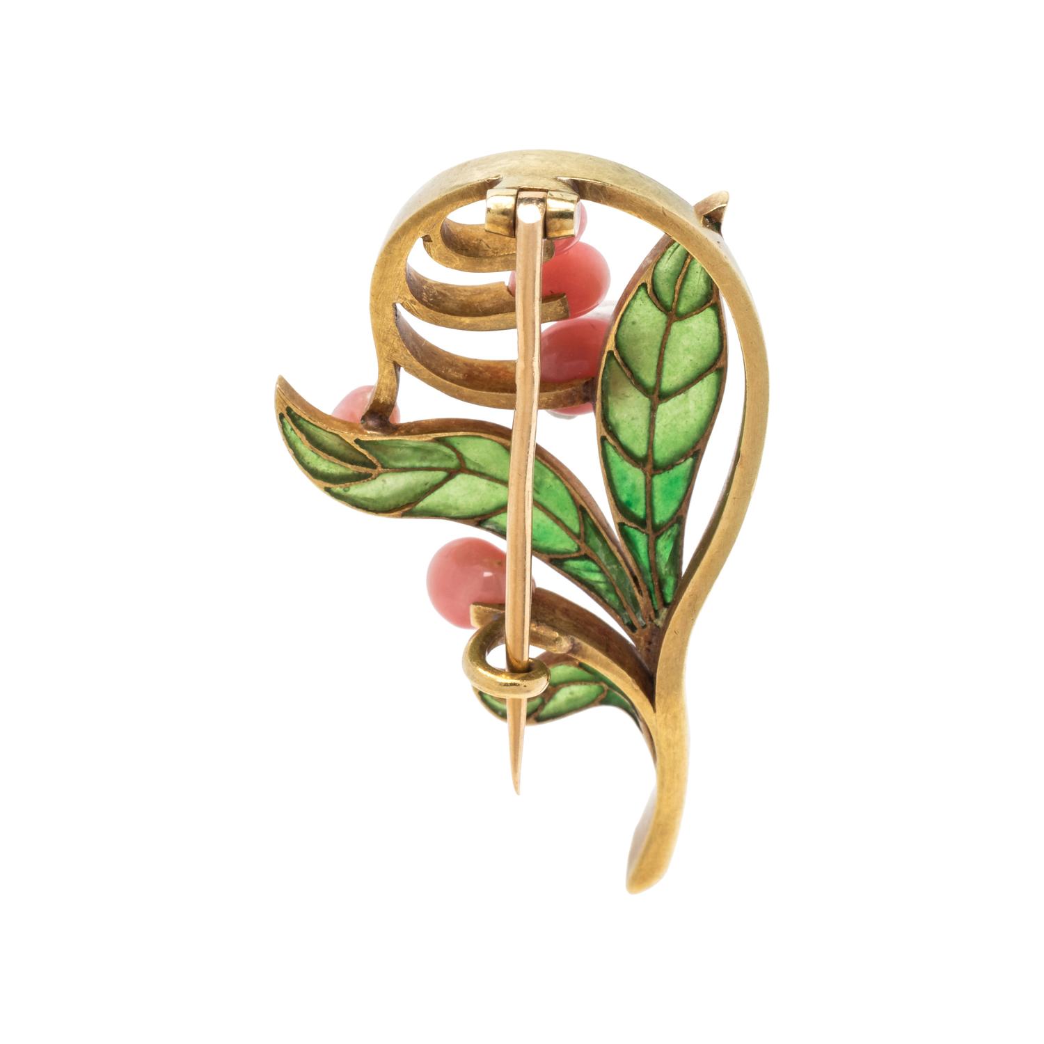 ART NOUVEAU, YELLOW GOLD, CONCH PEARL AND PLIQUE-À-JOUR ENAMEL BROOCH