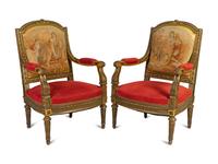 A Pair of Louis XVI Style Giltwood Fauteuils with Tapestry Upholstery