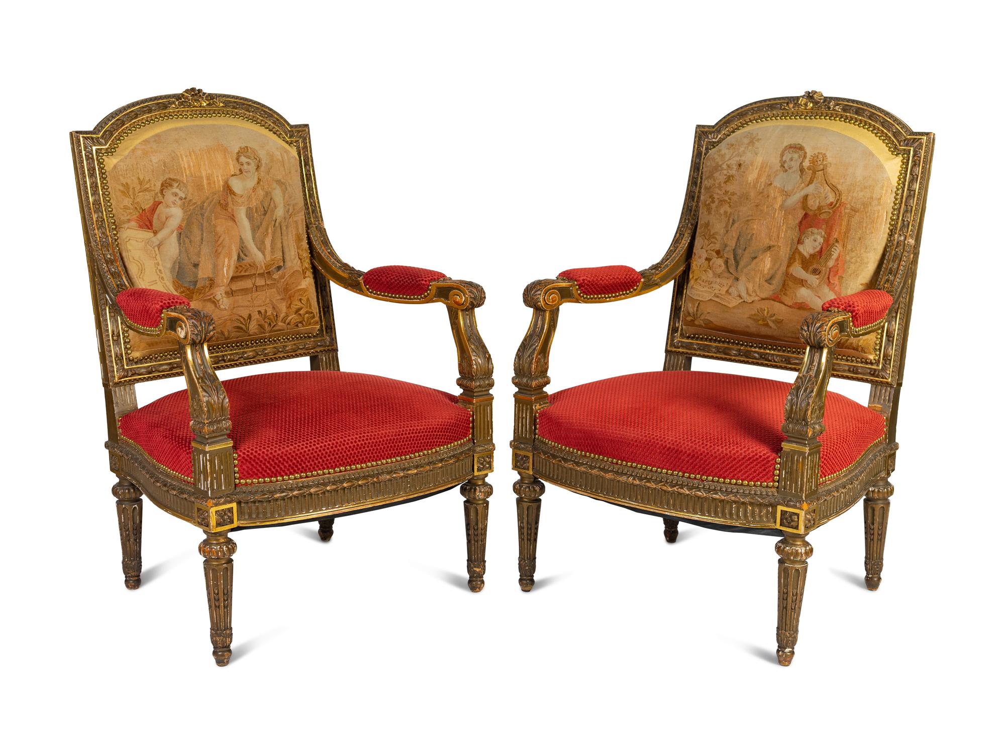 A Pair of Louis XVI Style Giltwood Fauteuils with Tapestry Upholstery
