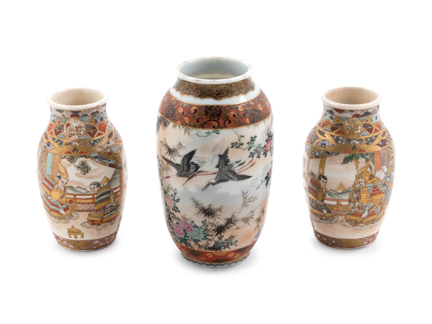 Three Japanese Enamel Decorated Satsuma Porcelain Vases