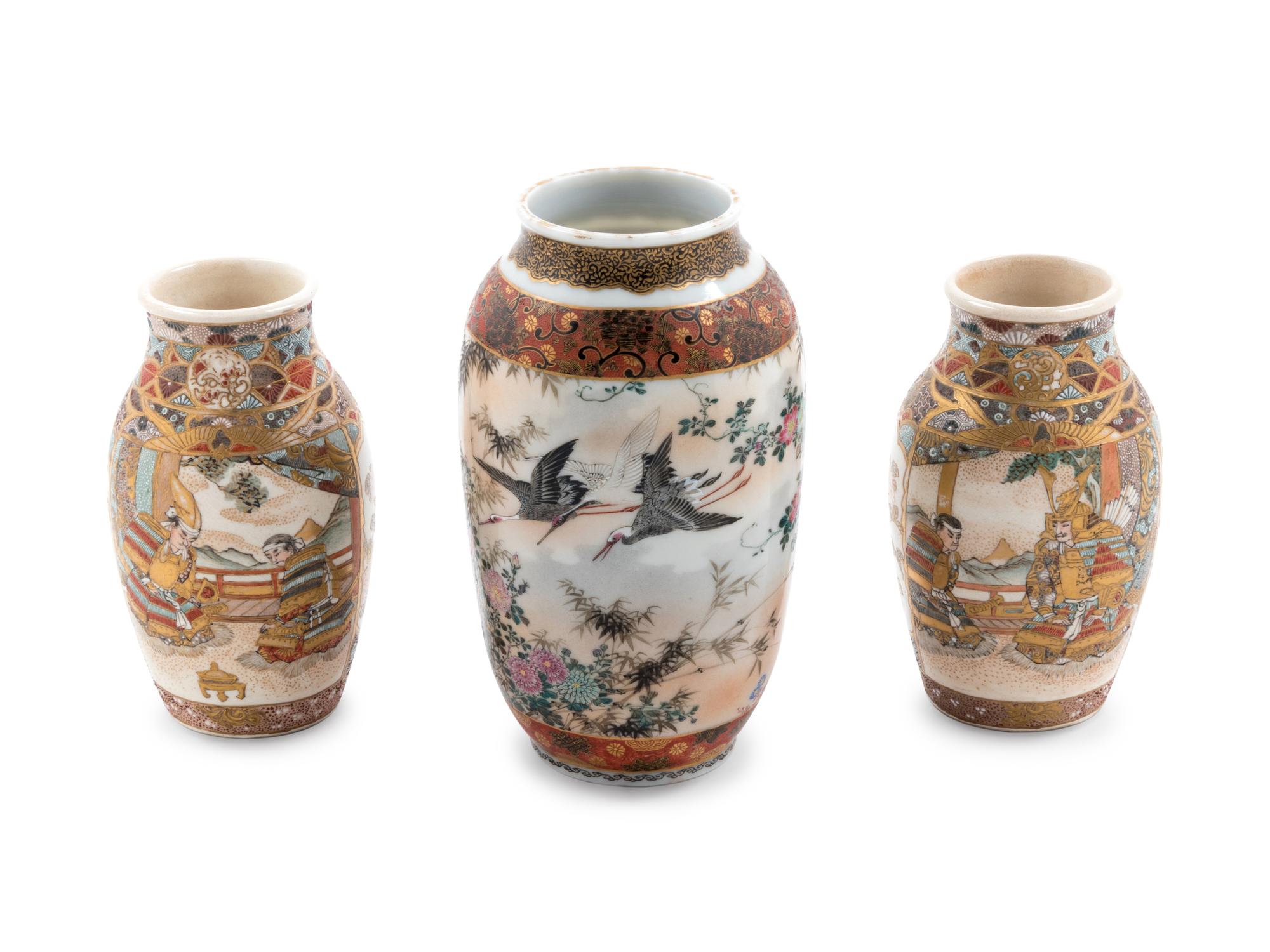 Three Japanese Enamel Decorated Satsuma Porcelain Vases