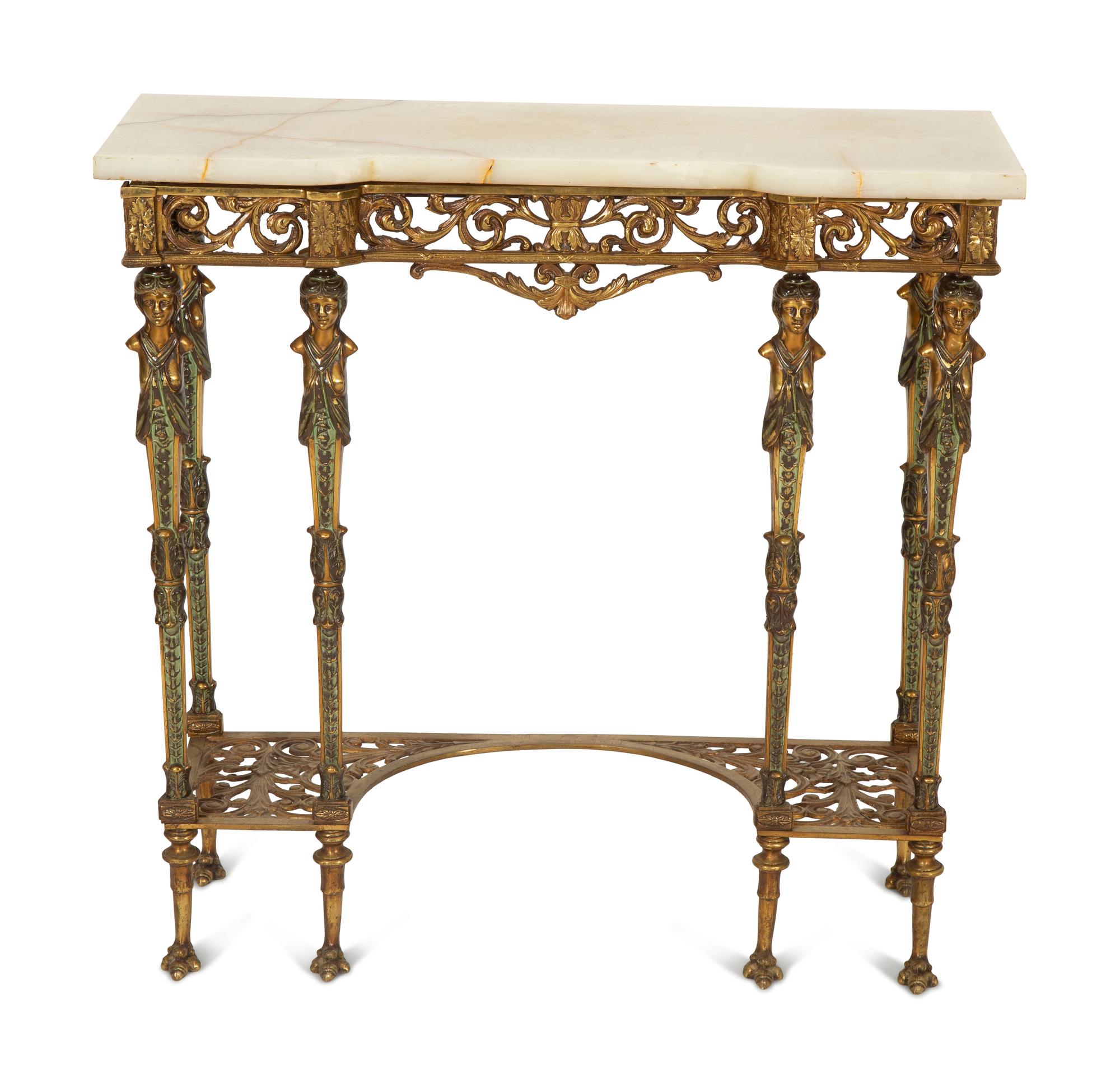 A Continental Gilt Metal Onyx Top Small Console Table