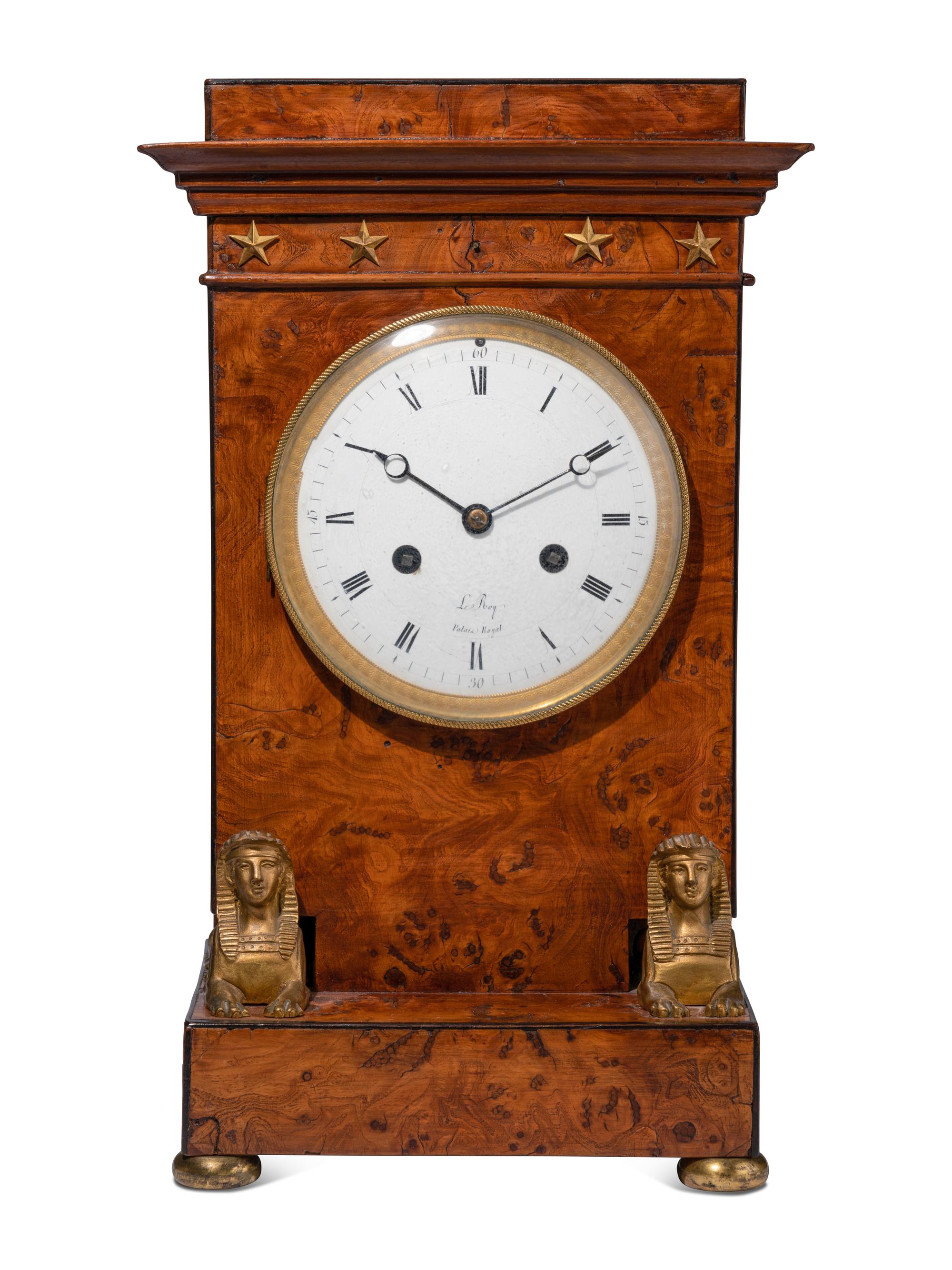 An Empire Burr Elm and Ormolu-Mounted Mantel Clock
