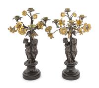 A Pair of Victorian Cast Metal and Parcel Gilt Four-Light Candelabra