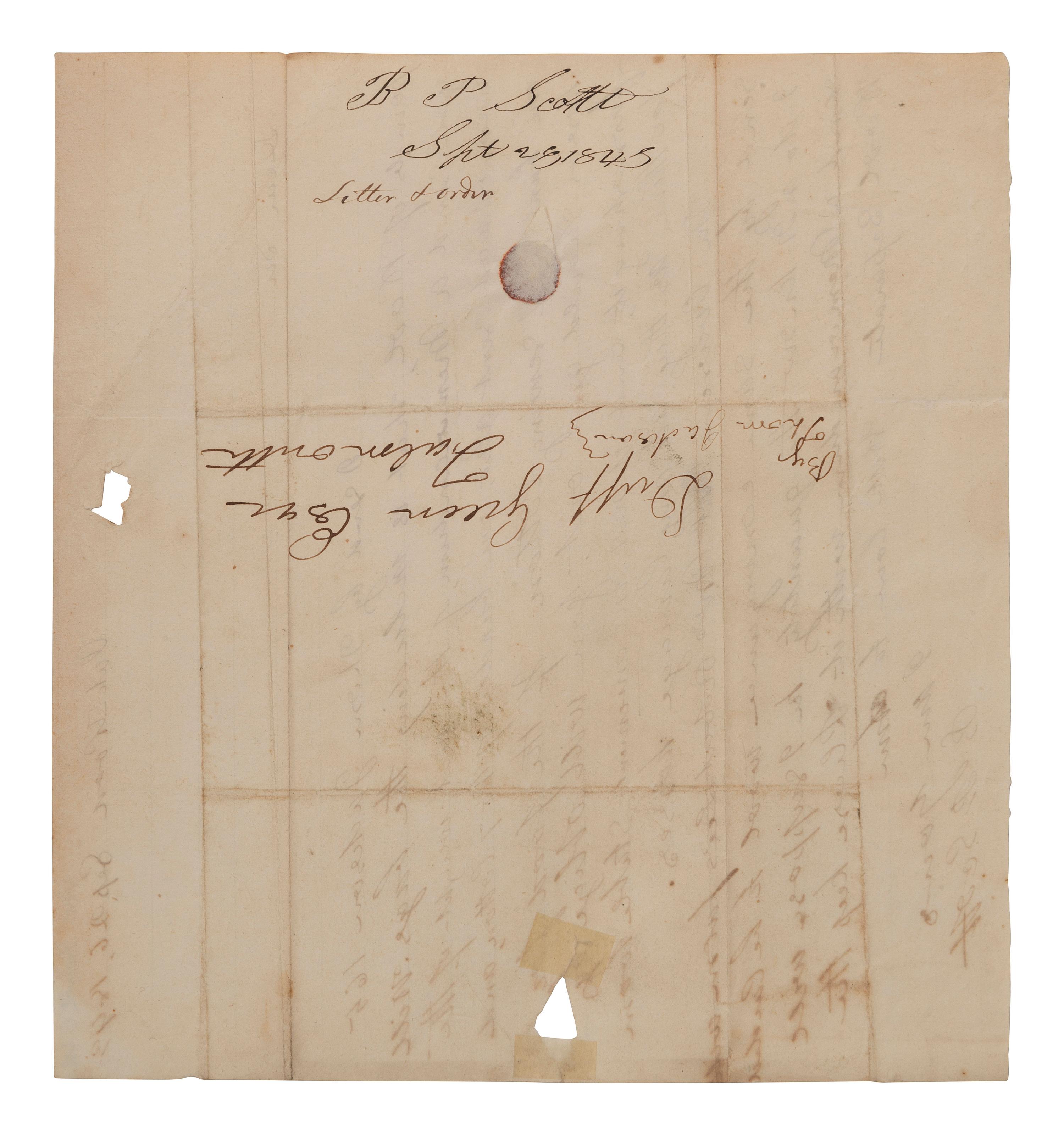 [ENSLAVEMENT]. Letter mentioning the "overseer at Mrs. Robert Lee's farm." Oakwood, [VA] 1843.