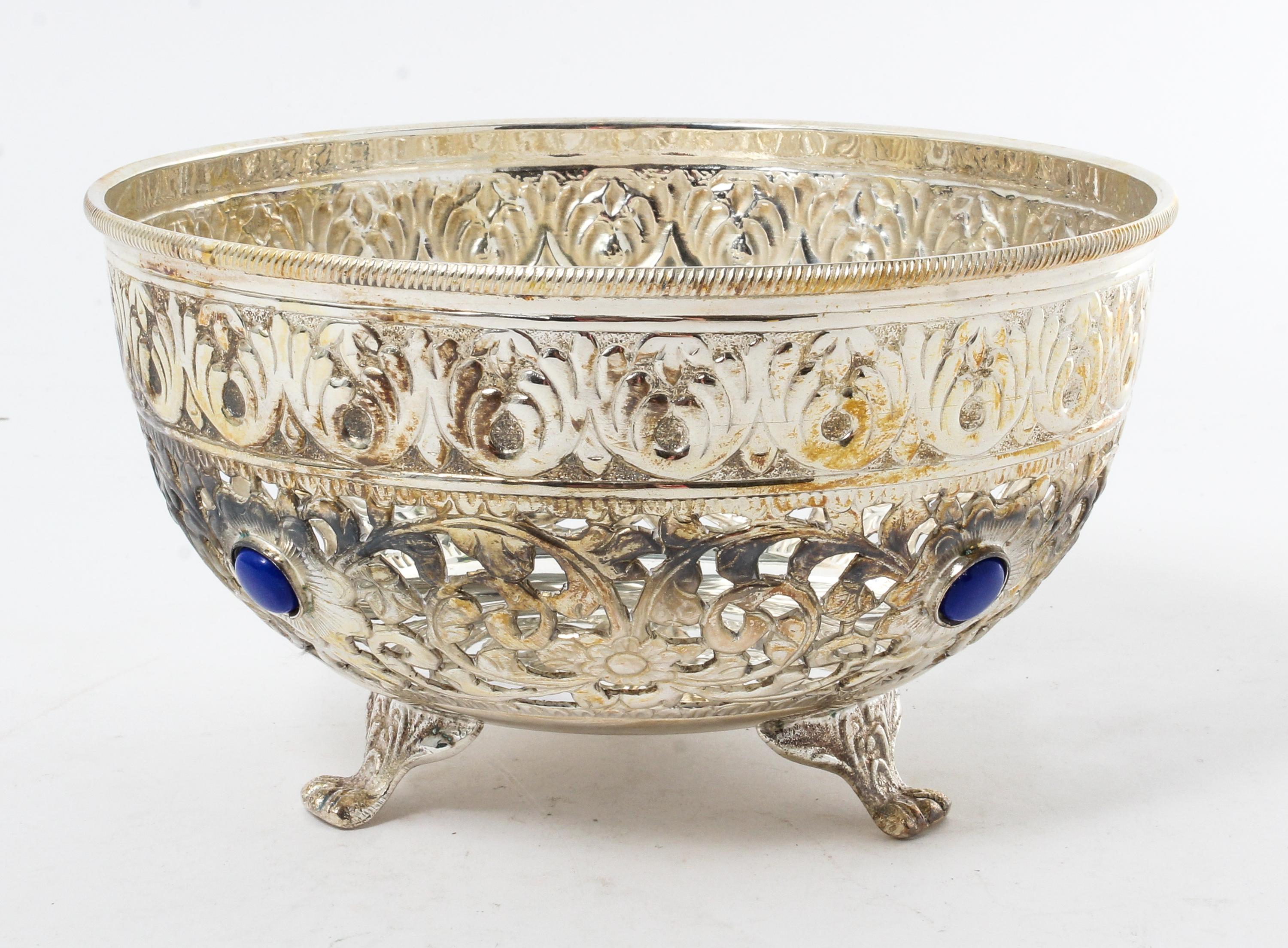 A Pakistani Hardstone Mounted Silvered Metal Bowl, , of circular footed form with pierced decoration, together with a fitted box.